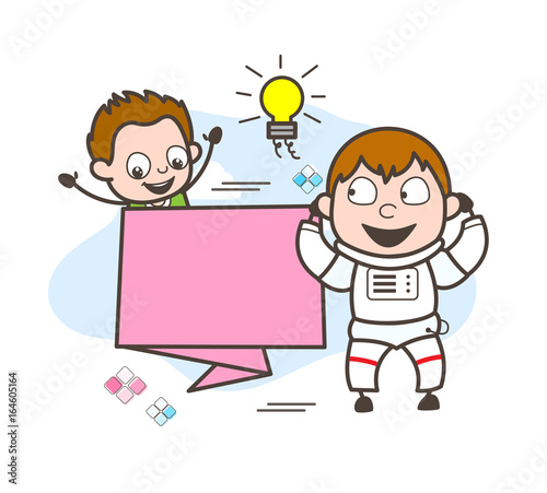 Cartoon Astronaut with Cute Kid and and Banner Vector Illustration