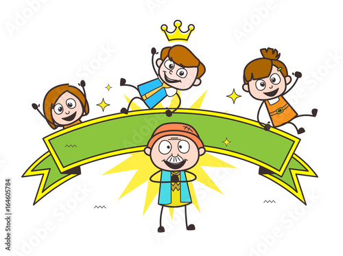 Cartoon Grandpa with Children and Holiday Banner Vector Illustration
