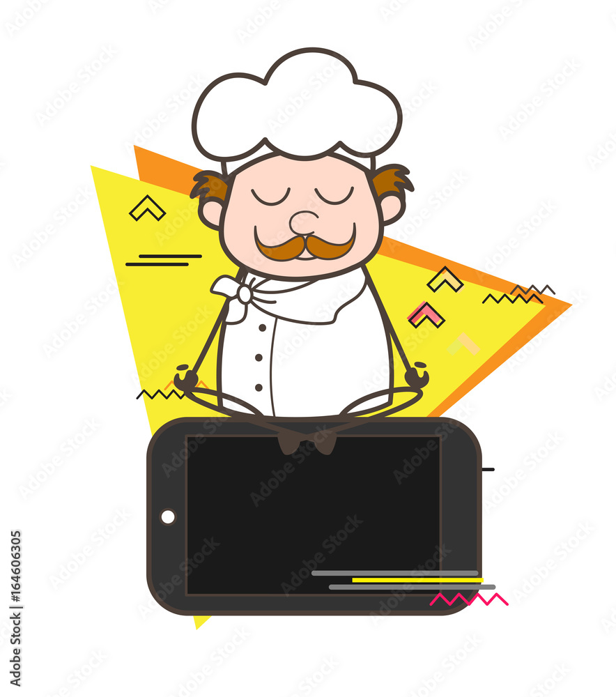 Cartoon Chef Doing Meditation on Mobile Vector Illustration