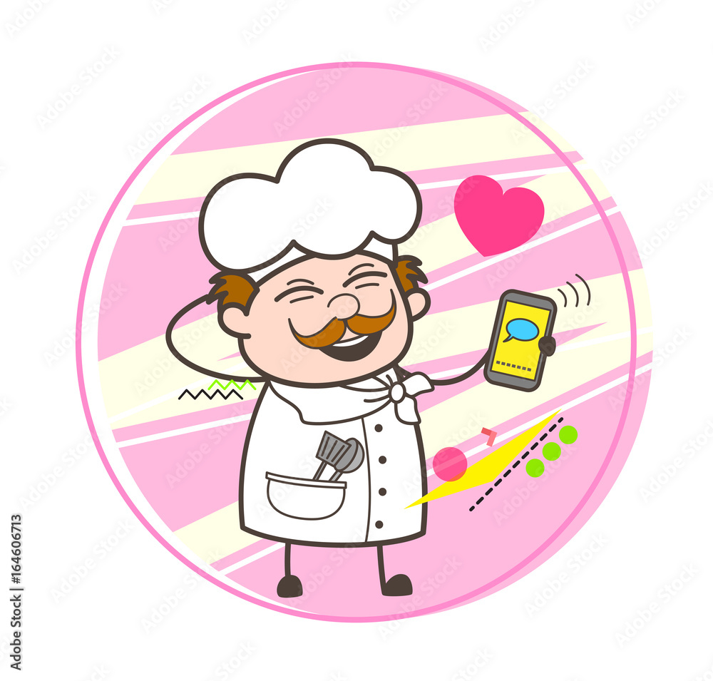 Fototapeta premium Happy Cartoon Chef Chatting with Mobile Vector Illustration