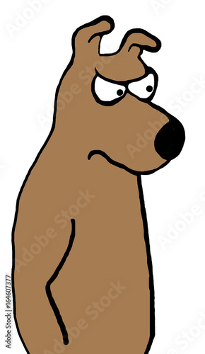 Cartoon illustration of a suspicious dog standing on its hind legs. 