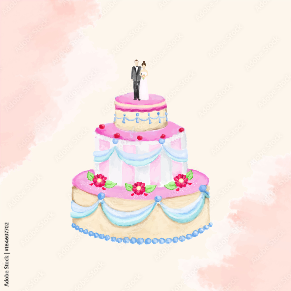 hand drawn wedding cake - watercolor background, flowers and cherries hand drawn wedding cake - watercolor background, flowers and cherries
