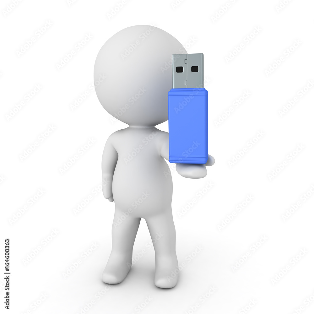 3D Character holding a large blue USB stick in his hand 3D Character holding a large blue USB stick in his hand