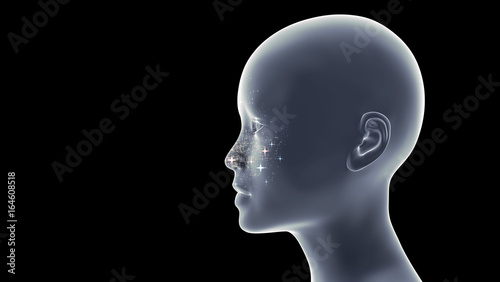 beautiful young woman with sparkling pink and blue stars around her face (conceptual 3d illustration on a black background)