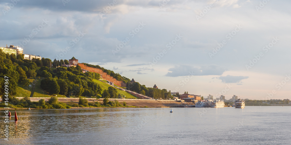 Departure of the passenger ship to the flight in the evening sun in Nizhny Novgorod