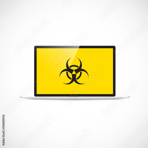 Computer virus protection concept. Biohazard symbol on the screen
