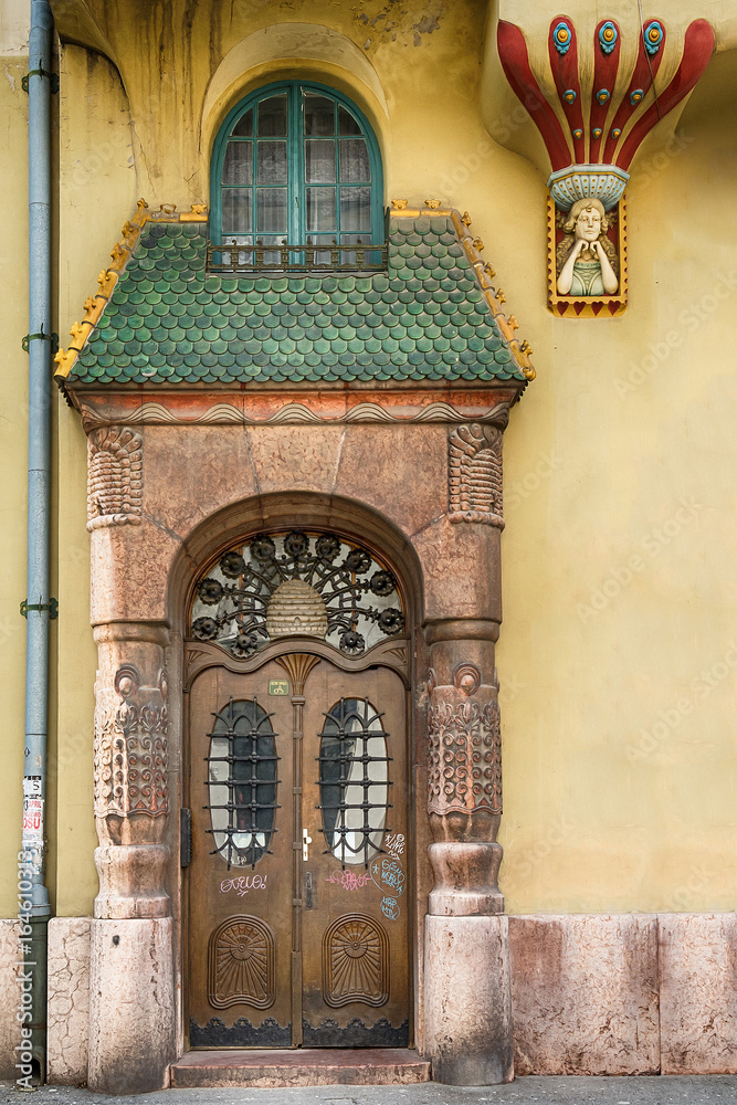 Naklejka premium Subotica, Serbia - April 23, 2017: Wooden Vintage Door in Subotica city, Serbia