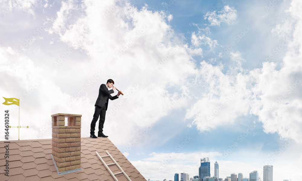 Mister boss on brick roof in search of something new. Mixed media