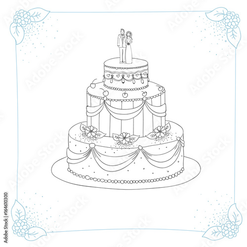black and white hand drawn wedding cake with a floral border