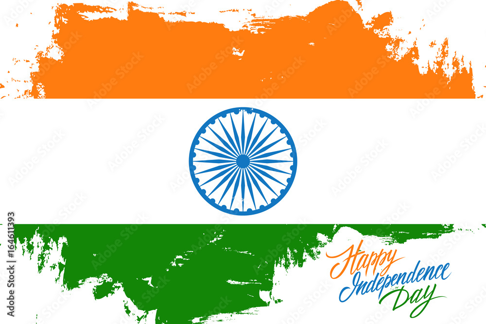 India Happy Independence Day greeting card with indian flag brush stroke  background and hand lettering text design. Vector illustration. Stock  Vector | Adobe Stock