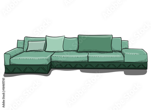 Large gray-green sofa with pillows in shades of green on a white background eps 10 illustration
