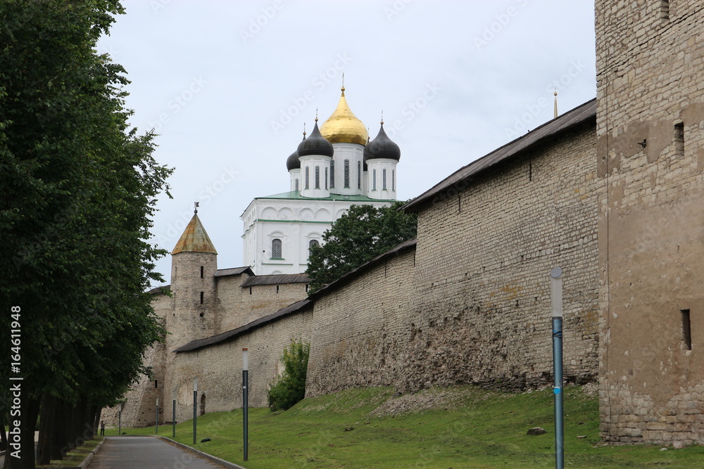 Pskov cathedral and the wall of Pskov kremlin, Russia
