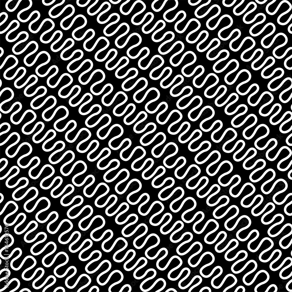 Fototapeta premium Seamless linear pattern with thin elegant curved white lines on black background. Abstract texture. Geometric background.