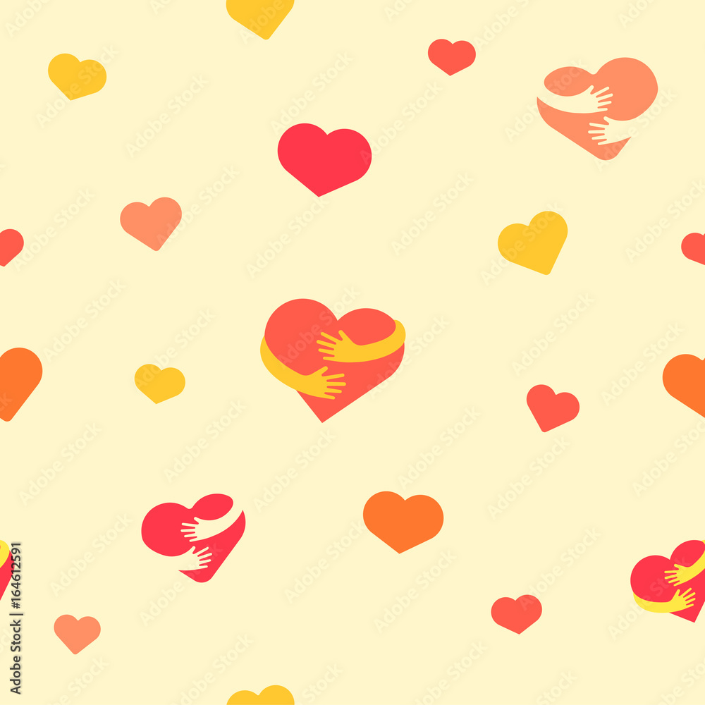 Hearts seamless pattern. Baby background with colorful hearts and hands. Vector illustration. Flat background for design