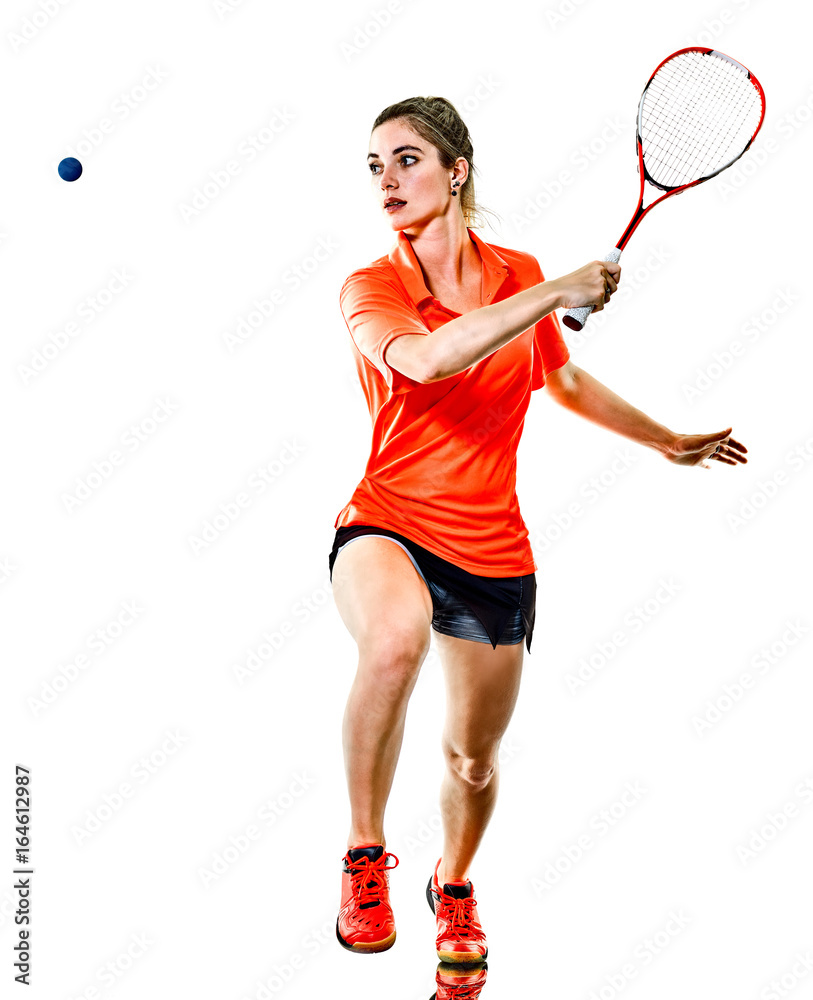 one caucasian young teenager girl woman playing Squash player isolated on white background