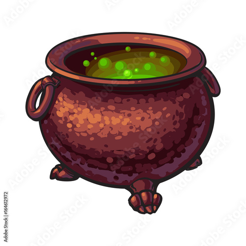 Halloween cauldron with boiling green potion inside, sketch style vector illustration isolated on white background. Hand drawn, sketch style caldron, caulron, witchcraft accessory, Halloween object