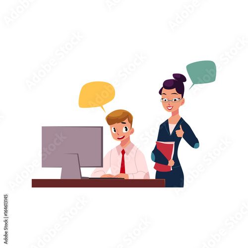 Female boss managing male employee working on computer, cartoon vector illustration isolated on white background. Female boss supervising male employee working in office, showing approval