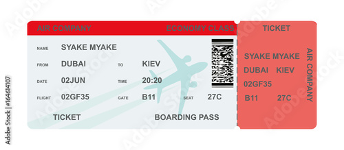 Airline boarding pass ticket with airplane and red stripe with QR code. Isolated on white. Vector illustration AI10