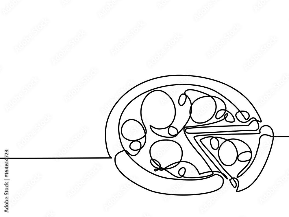 Fototapeta Ciągłe rysowanie linii. Duża pizza z plasterkiem. Wektorowa ilustracyjna czerni linia na białym tle.