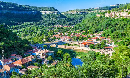 Panoramic view on a clear summer day on the hills of Trapezitsa and Tsarevets and the Yantra river in the ancient capital of Bulgaria Veliko Tarnovo.