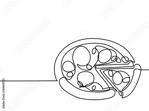 Fototapeta Ciągłe rysowanie linii. Duża pizza z plasterkiem. Wektorowa ilustracyjna czerni linia na białym tle.