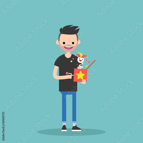 Young character holding a Jack in the box / flat editable vector illustration, clip art