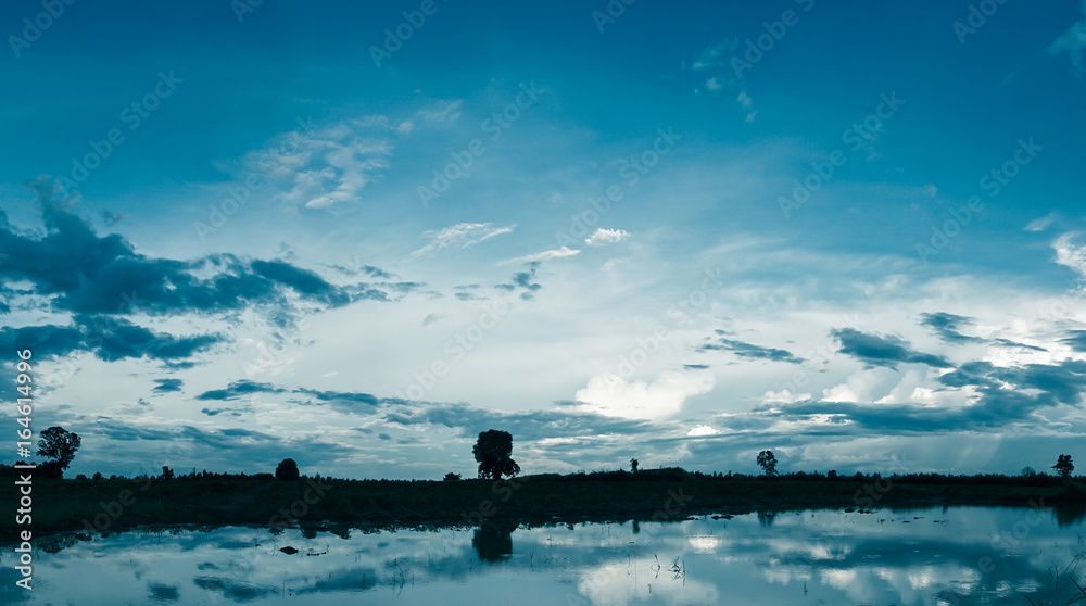 Beautiful landscape of clouds and blue sky in early morning, water reflex