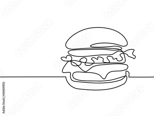 Continuous line drawing. Big Hamburger Fast food. Vector illustration black line on white background.