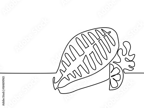 Continuous line drawing. Salmon steak with lemon, tomato and lettuce leaves. Vector illustration black line on white background.