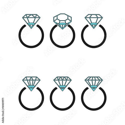 Diamond engagement ring icons with crystals. Vector Illustration. Black circle with shiny brilliant stone isolated on white background. Flat fashion design element. Symbol engagement, gift, expensive.