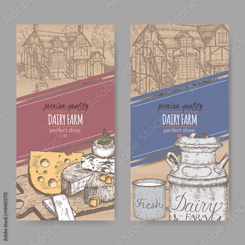 Two dairy farm shop labels with farmhouse, color milk can, mug and cheese plate.