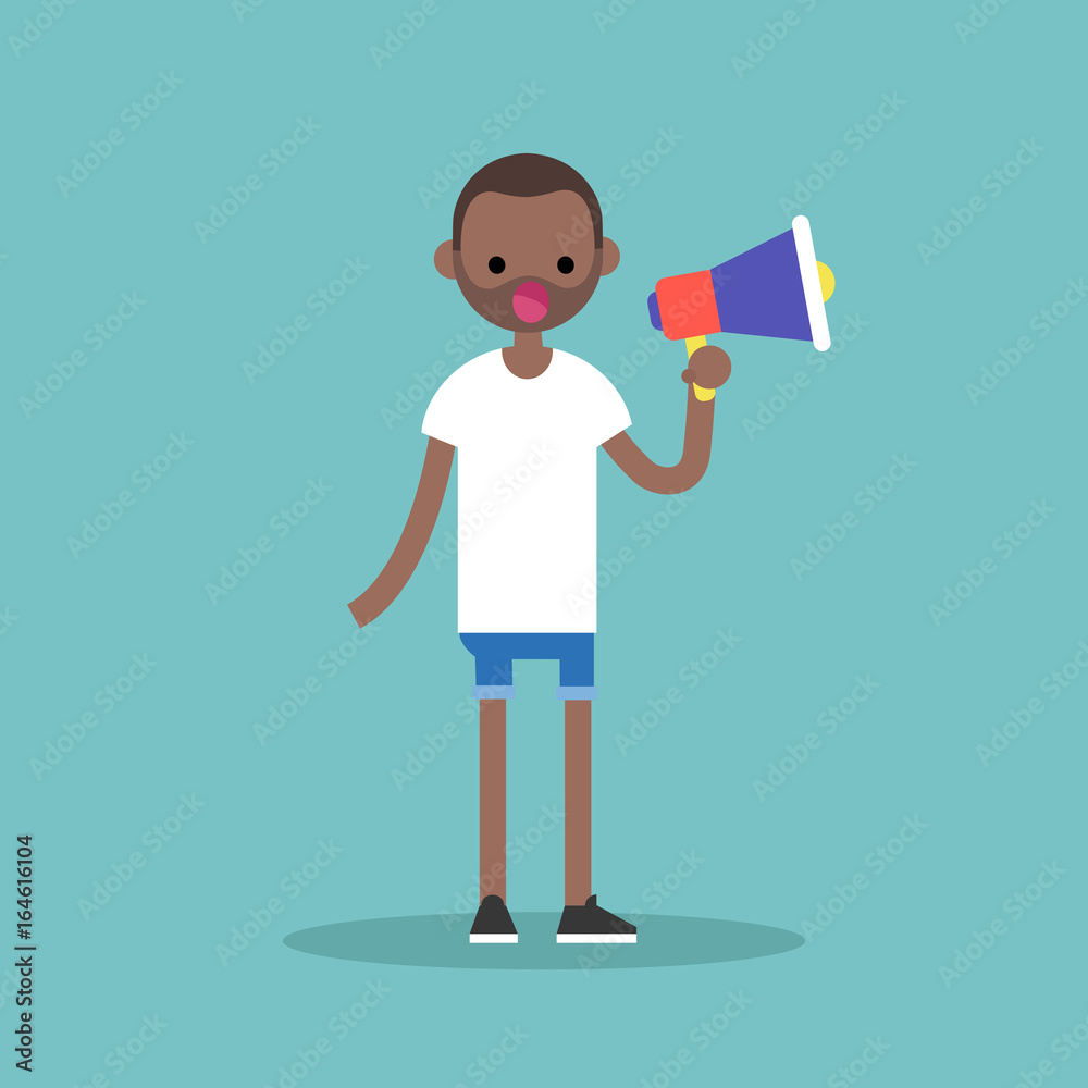 Young black character speaking through megaphone / flat editable vector illustration, clip art Young black character speaking through megaphone / flat editable vector illustration, clip art
