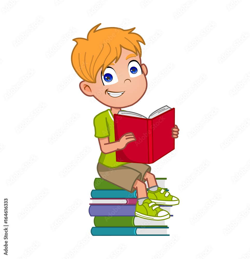 Boy sitting on books reading