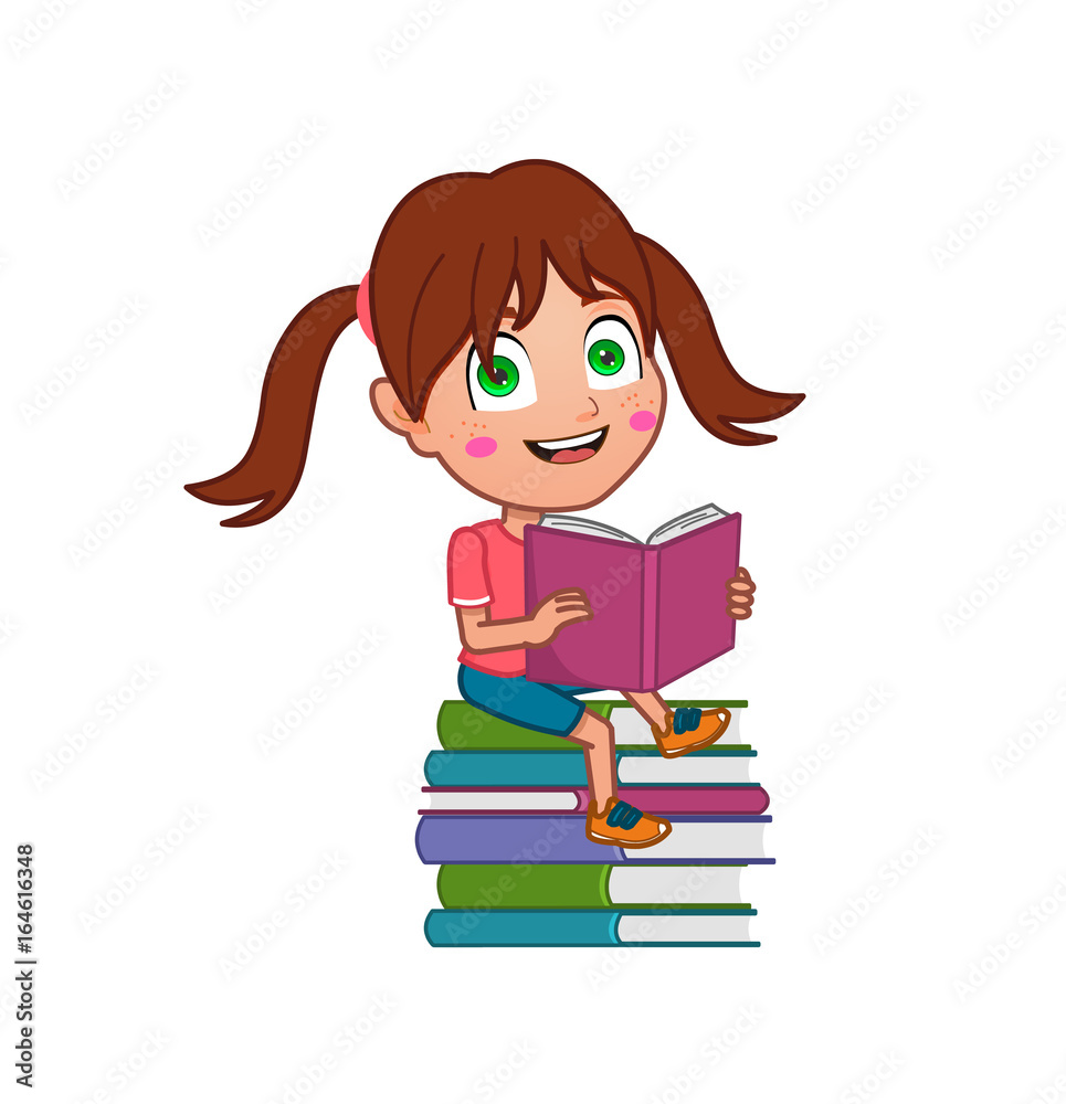 Girl sitting on books holding a book Girl sitting on books holding a book