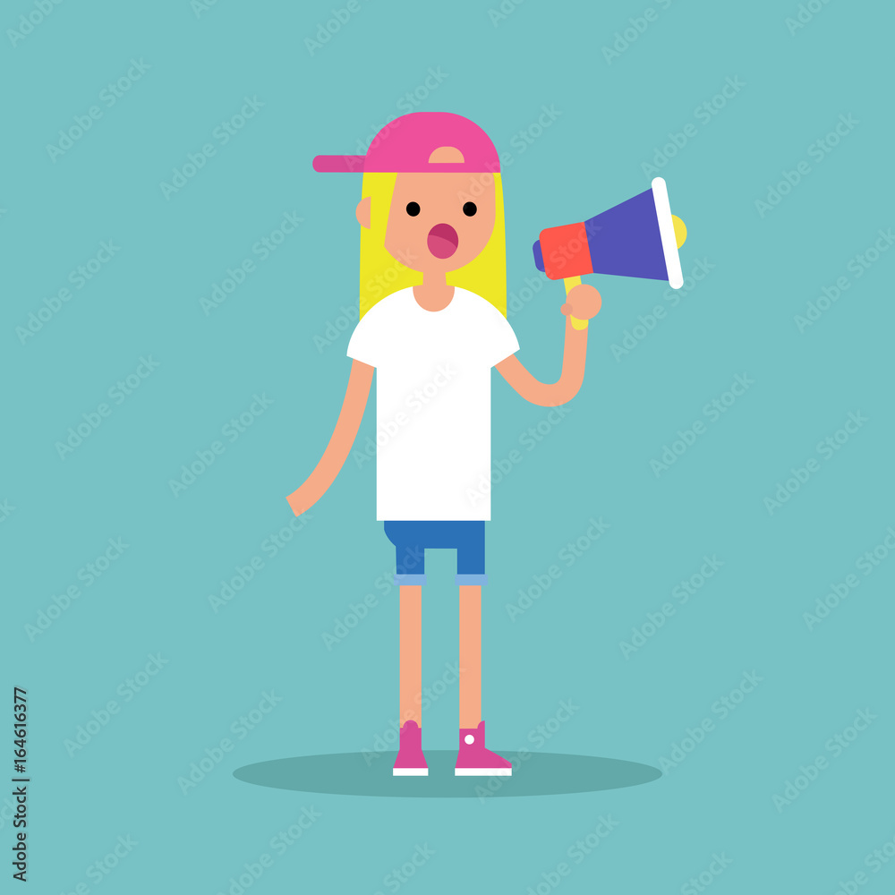 Young female character speaking through megaphone / flat editable vector illustration, clip art