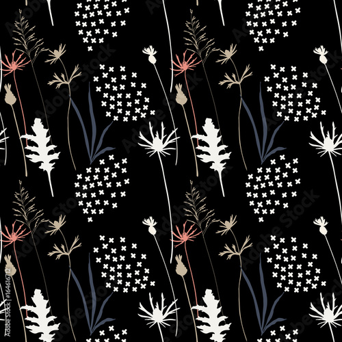 Floral vector seamless pattern with cornflowers, thistles and grasses.