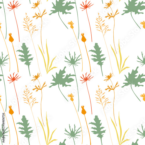 Floral vector seamless pattern with cornflowers, thistles and grasses.