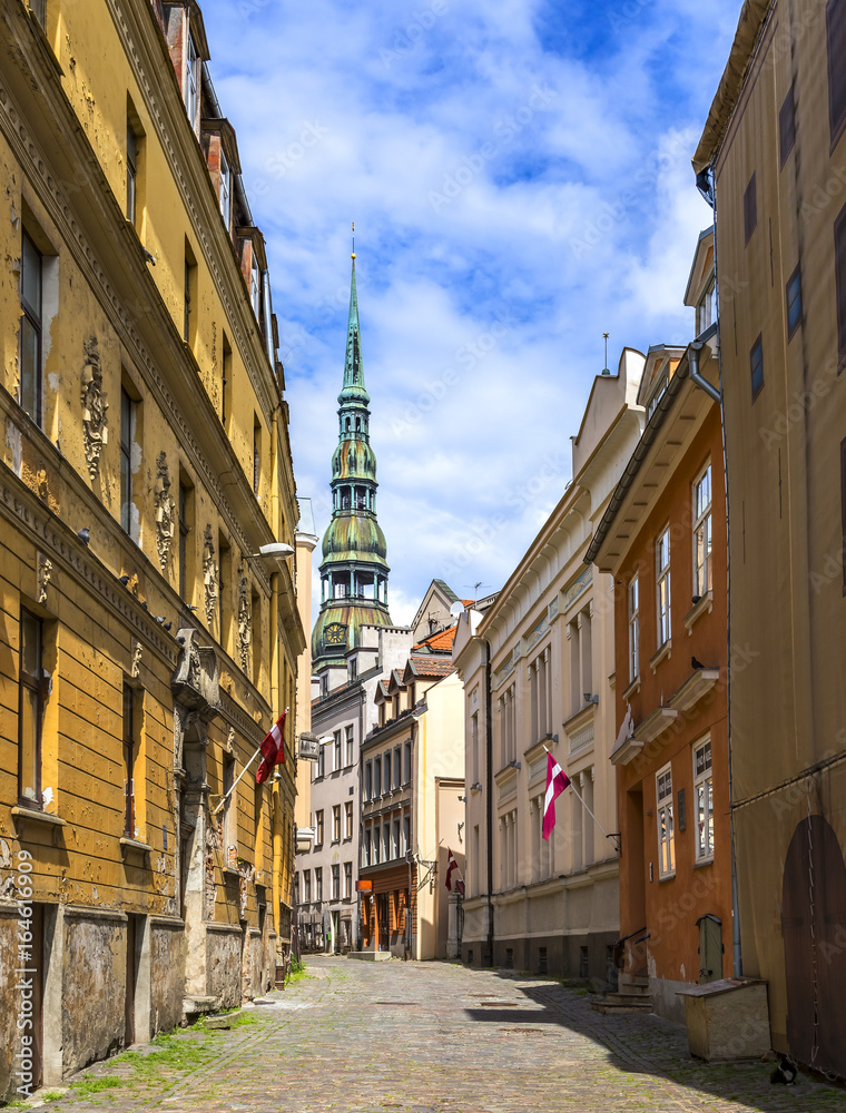 Narrow medieval street in old Riga city, Latvia