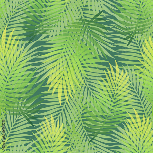 Lush green gradient color banana palm tree leaves seamless pattern. Dense jungle tropic background. Hot summer season wallpaper. Artistic textile print
