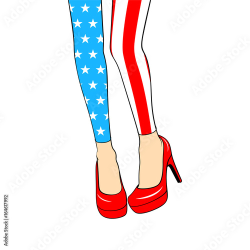 Leggings in the colors of the American flag. Sexy female legs wi