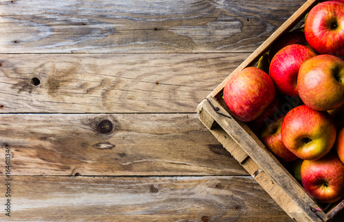 Full box of fresh red apples. top view, copy space. Harvest concept photo