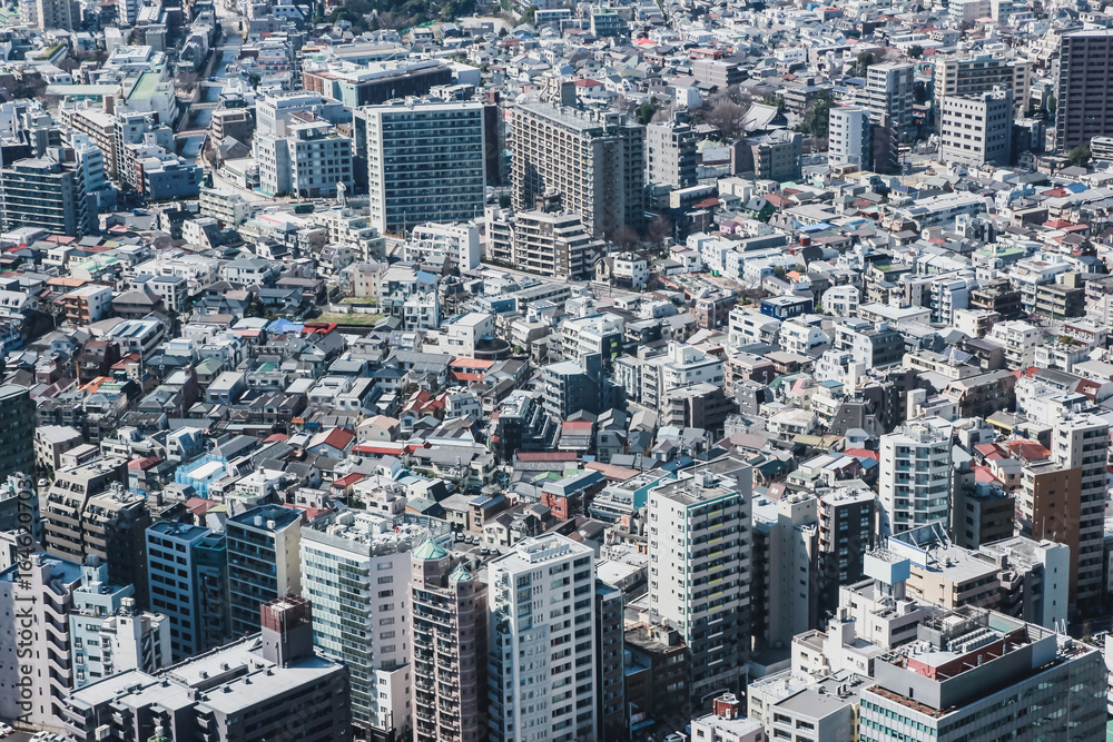 Architecture and business top view background. Japanese city seen from above.