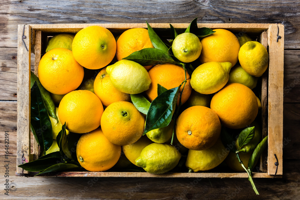 Box of fresh citrus lemon and orange with leaves. Top view
