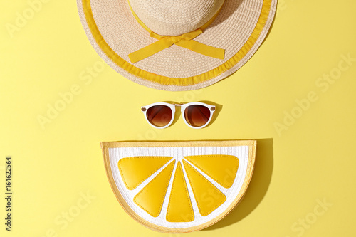 Fashion Sunny Summer Woman Set. Trendy Accessories. Glamor Lemon Citrus Clutch, fashion Sunglasses on Yellow. Hot Beach summer Vibes. Creative Bright Style. Vanilla Pastel Color. Minimal, Art