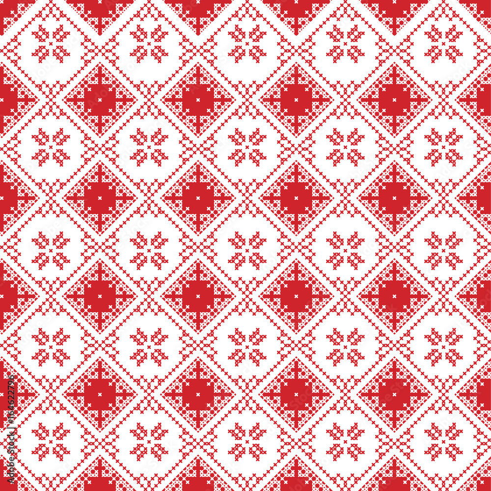 Scandinavian seamless cross stitch inspired by Nordic style Christmas pattern in cross stitch with  snowflake, star and decorative ornaments in red and white in square shape
