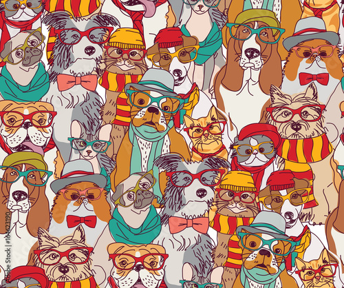 Fashion cats and dogs in glasses color seamless pattern.