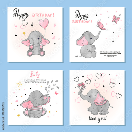 Cute Elephants vector illustrations. Set of birthday greeting cards, posters, prints.