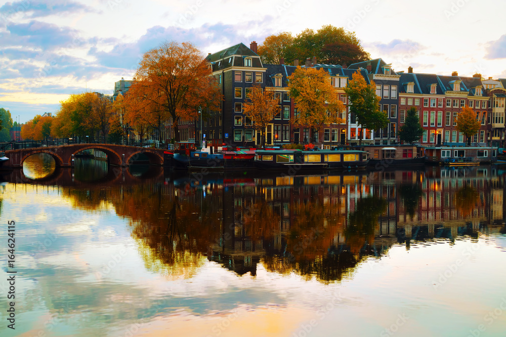 Amsterdam city view with canals