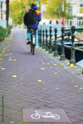 Obraz na płótnie Bicycle lane sign in Amsterdam w salonie