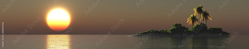 Panorama of the sea sunset over the tropical island, palm trees above the water, 3d rendering
